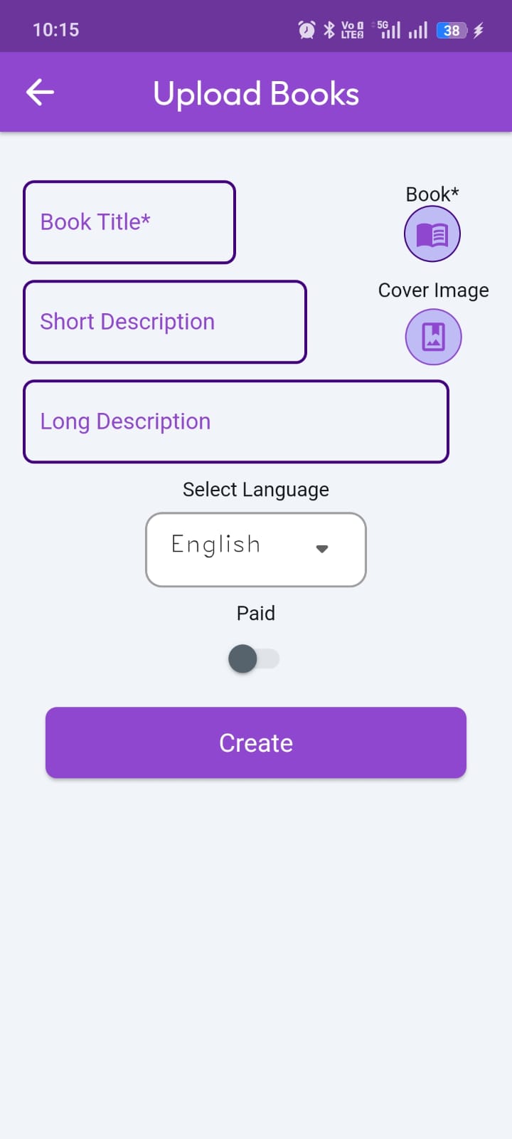 AstroVista mobile book upload form for creator administration