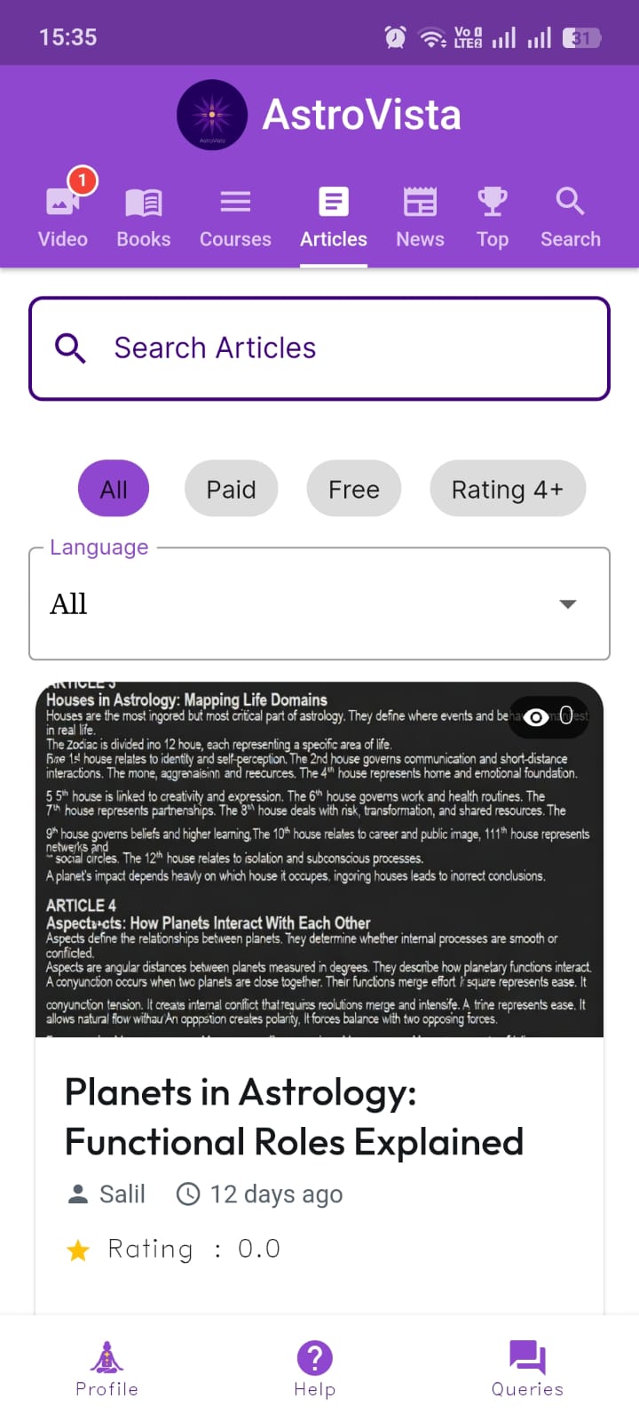 AstroVista mobile content browsing screen with articles, filters, and navigation across media formats