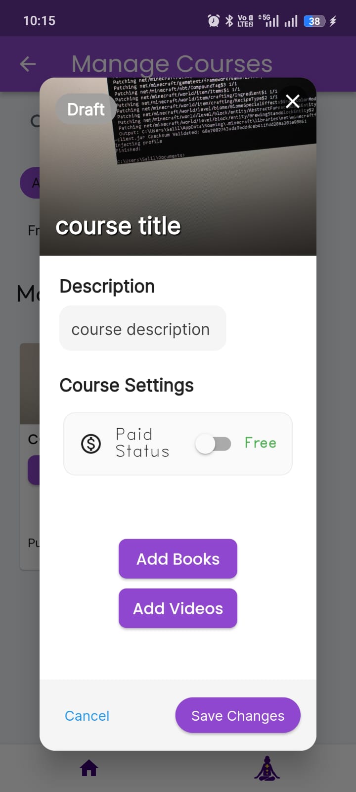 AstroVista mobile course editor with draft, pricing, book, and video controls