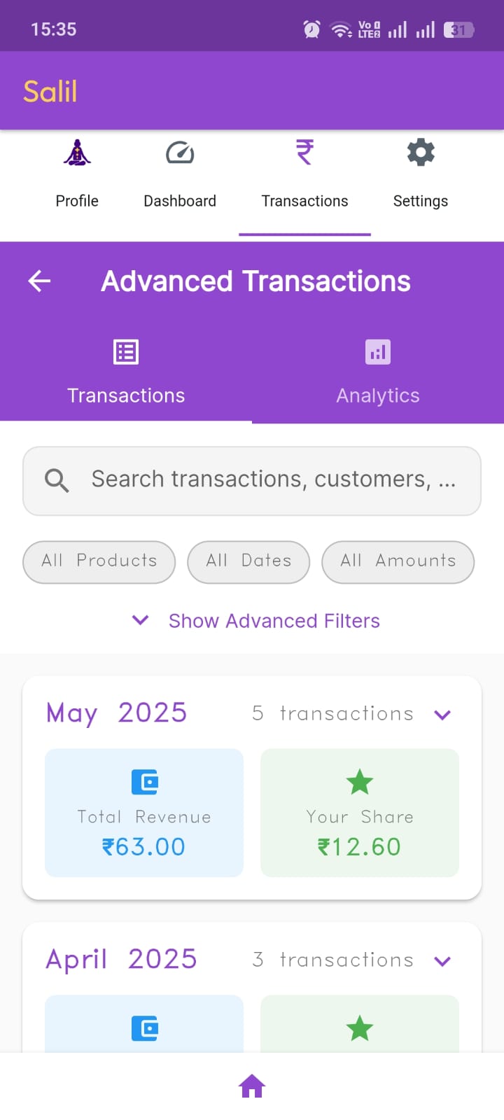 AstroVista creator transaction dashboard with filters, revenue, and creator share