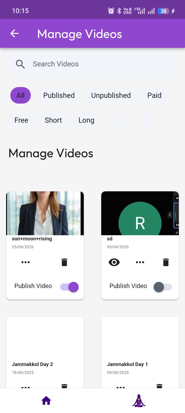 AstroVista mobile video management screen with publishing controls