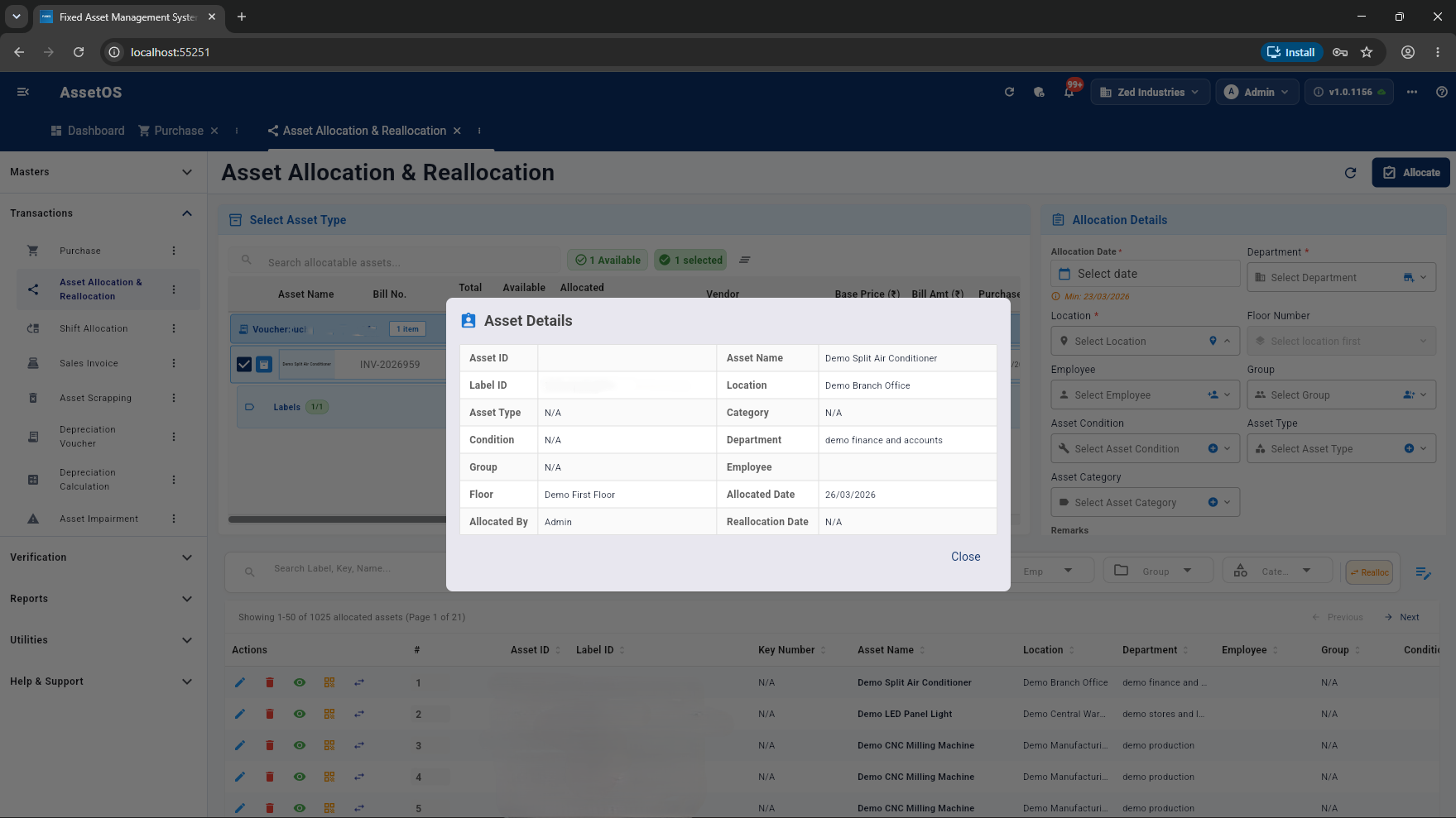 FAMS allocation and reallocation workflow with asset details