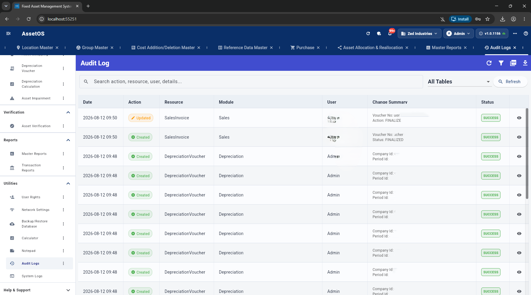 FAMS audit log listing dated user actions, resources, modules, change summaries, and status
