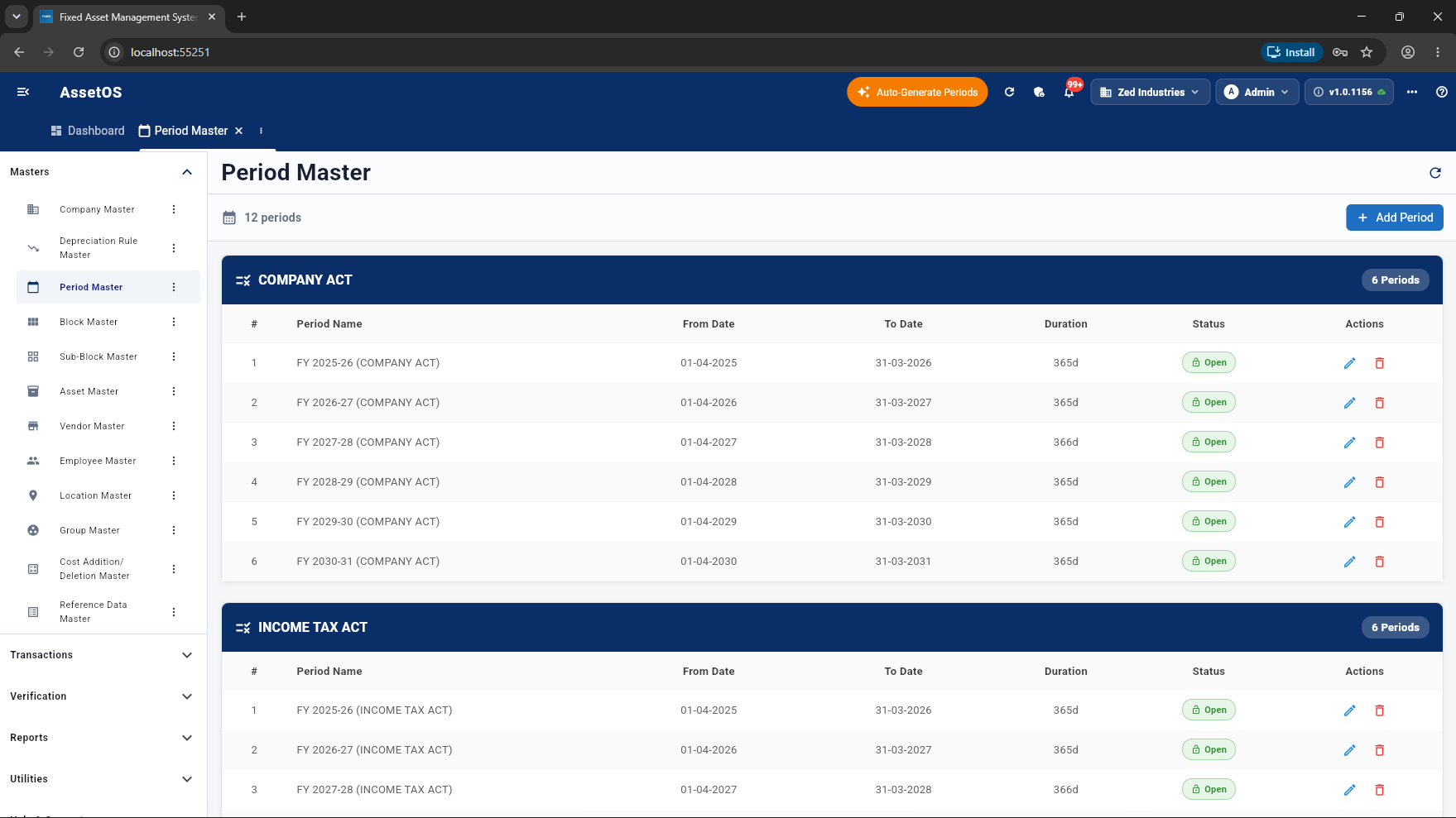 FAMS period master showing Company Act and Income Tax Act financial periods with open status