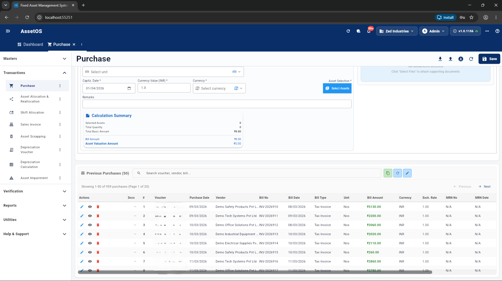 FAMS purchase workflow with calculation summary and paginated purchase history