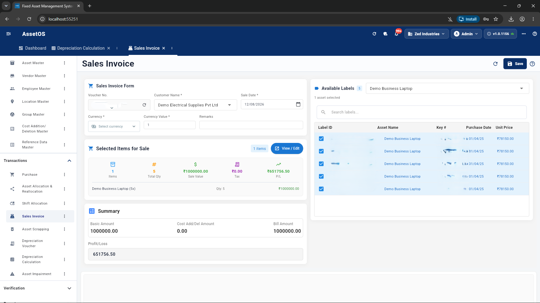 FAMS sales invoice workflow showing selected asset labels, sale value, tax, and profit or loss