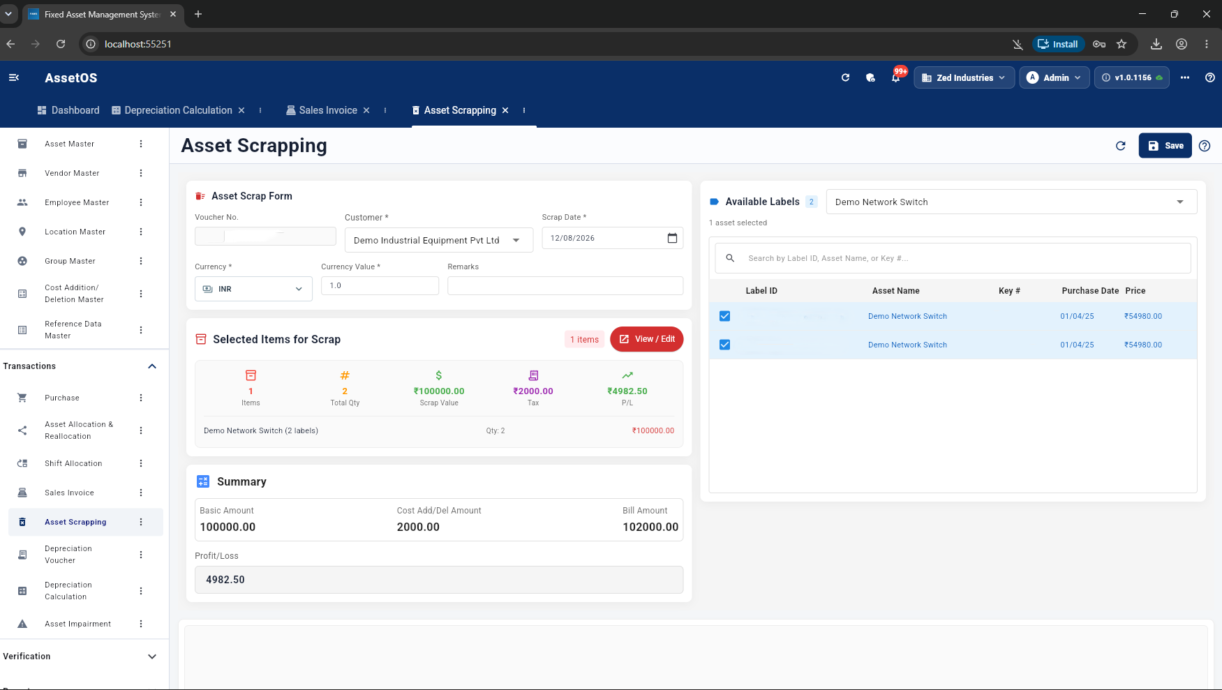 FAMS asset scrapping workflow showing selected labels, scrap value, tax, and profit or loss
