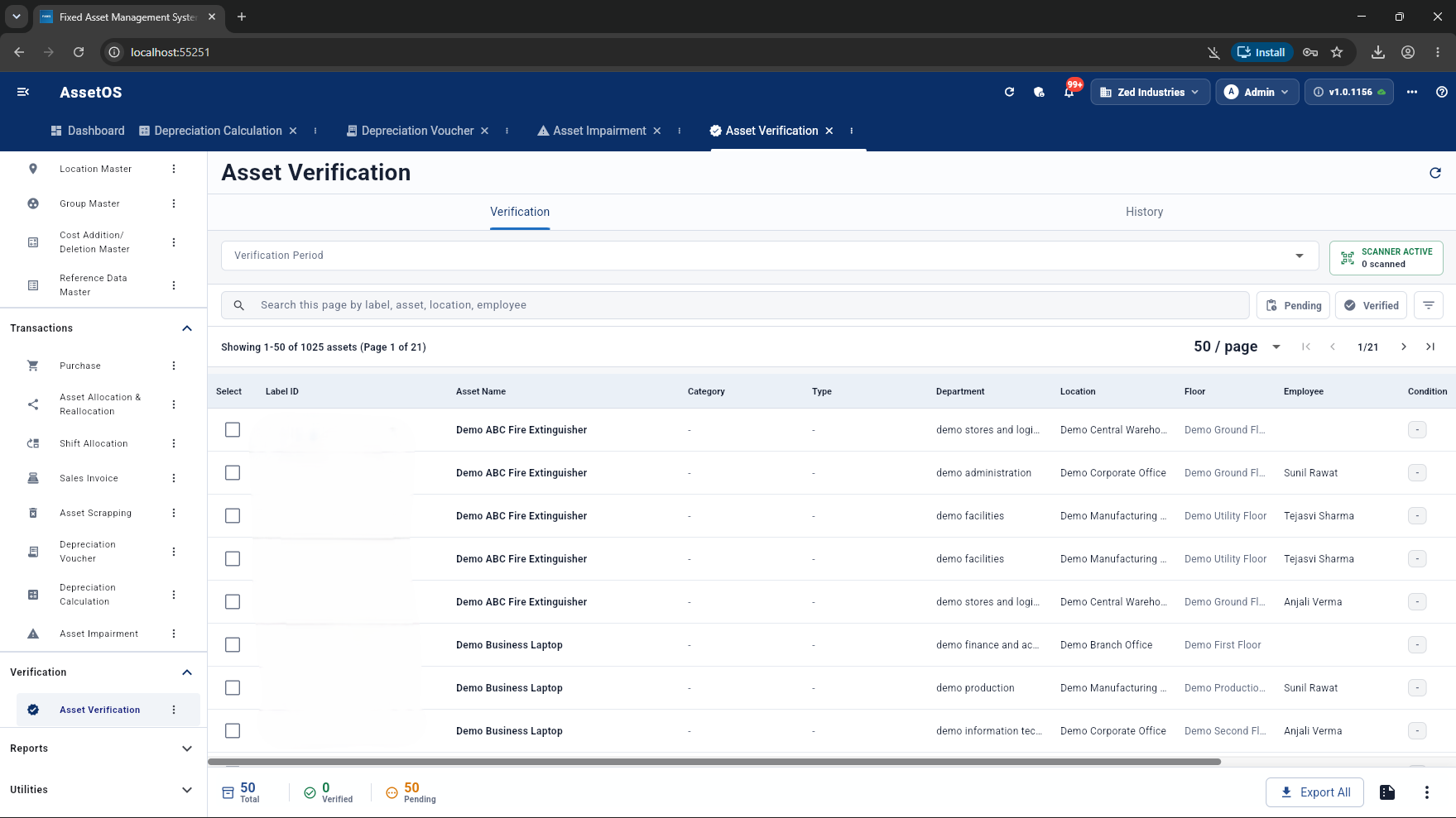 FAMS physical asset verification workspace with scanner status and paginated assets